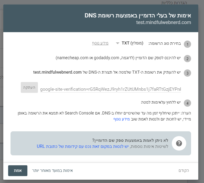 מסך אימות בעלות בשיטת רשומת DNS, עם רשומת ה-TXT להעתקה ולהוספה אצל ספק הדומיין.